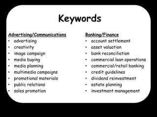 Keywords
Advertising/Communications
• advertising
• creativity
• image campaign
• media buying
• media planning
• multimedia campaigns
• promotional materials
• public relations
• sales promotion

Banking/Finance
• account settlement
• asset valuation
• bank reconciliation
• commercial loan operations
• commercial/retail banking
• credit guidelines
• dividend reinvestment
• estate planning
• investment management

 