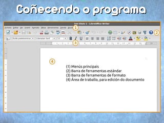 CCooññeecceennddoo oo pprrooggrraammaa 
(1) Menús principais 
(2) Barra de ferramentas estándar 
(3) Barra de ferramentas de formato 
(4) Área de traballo, para edición do documento 
 