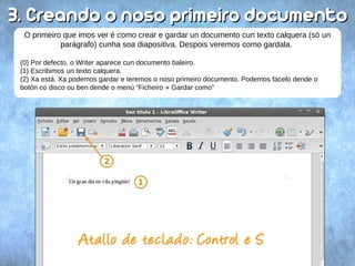 3. Creando oo nnoossoo pprriimmeeiirroo ddooccuummeennttoo 
O primeiro que imos ver é como crear e gardar un documento cun texto calquera (só un 
parágrafo) cunha soa diapositiva. Despois veremos como gardala. 
(0) Por defecto, o Writer aparece cun documento baleiro. 
(1) Escribimos un texto calquera. 
(2) Xa está. Xa podemos gardar e teremos o noso primeiro documento. Podemos facelo dende o 
botón co disco ou ben dende o menú “Ficheiro » Gardar como” 
Ata llo de te cla do: Control e S 
 