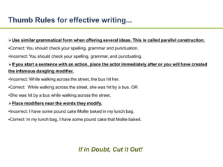 Thumb Rules for effective writing... 
Use similar grammatical form when offering several ideas. This is called parallel construction. 
•Correct: You should check your spelling, grammar and punctuation. 
•Incorrect: You should check your spelling, grammar, and punctuating. 
If you start a sentence with an action, place the actor immediately after or you will have created 
the infamous dangling modifier. 
•Incorrect: While walking across the street, the bus hit her. 
•Correct: While walking across the street, she was hit by a bus. OR 
•She was hit by a bus while walking across the street. 
Place modifiers near the words they modify. 
•Incorrect: I have some pound cake Mollie baked in my lunch bag. 
•Correct: In my lunch bag, I have some pound cake that Mollie baked. 
If in Doubt, Cut it Out! 
 