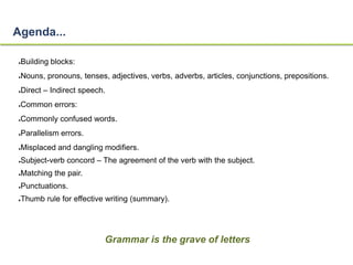Agenda... 
●Building blocks: 
●Nouns, pronouns, tenses, adjectives, verbs, adverbs, articles, conjunctions, prepositions. 
●Direct – Indirect speech. 
●Common errors: 
●Commonly confused words. 
●Parallelism errors. 
●Misplaced and dangling modifiers. 
●Subject-verb concord – The agreement of the verb with the subject. 
●Matching the pair. 
●Punctuations. 
●Thumb rule for effective writing (summary). 
Grammar is the grave of letters 
 