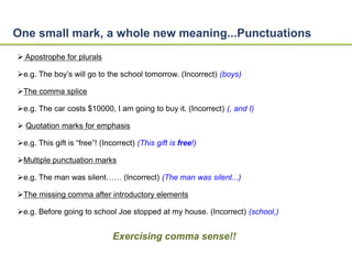 One small mark, a whole new meaning...Punctuations 
 Apostrophe for plurals 
e.g. The boy’s will go to the school tomorrow. (Incorrect) (boys) 
The comma splice 
e.g. The car costs $10000, I am going to buy it. (Incorrect) (, and I) 
 Quotation marks for emphasis 
e.g. This gift is “free”! (Incorrect) (This gift is free!) 
Multiple punctuation marks 
e.g. The man was silent…… (Incorrect) (The man was silent...) 
The missing comma after introductory elements 
e.g. Before going to school Joe stopped at my house. (Incorrect) (school,) 
Exercising comma sense!! 
