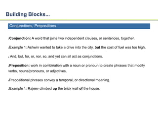 Building Blocks... 
Conjunctions, Prepositions 
●Conjunction: A word that joins two independent clauses, or sentences, together. 
●Example 1: Ashwin wanted to take a drive into the city, but the cost of fuel was too high. 
● And, but, for, or, nor, so, and yet can all act as conjunctions. 
●Preposition: work in combination with a noun or pronoun to create phrases that modify 
verbs, nouns/pronouns, or adjectives. 
●Prepositional phrases convey a temporal, or directional meaning. 
●Example 1: Rajeev climbed up the brick wall of the house. 
 
