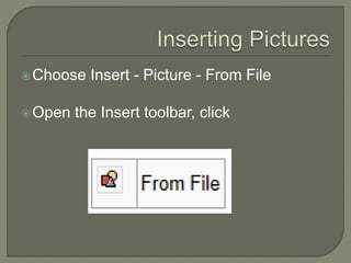 Choose Insert - Picture - From File
Open the Insert toolbar, click
 