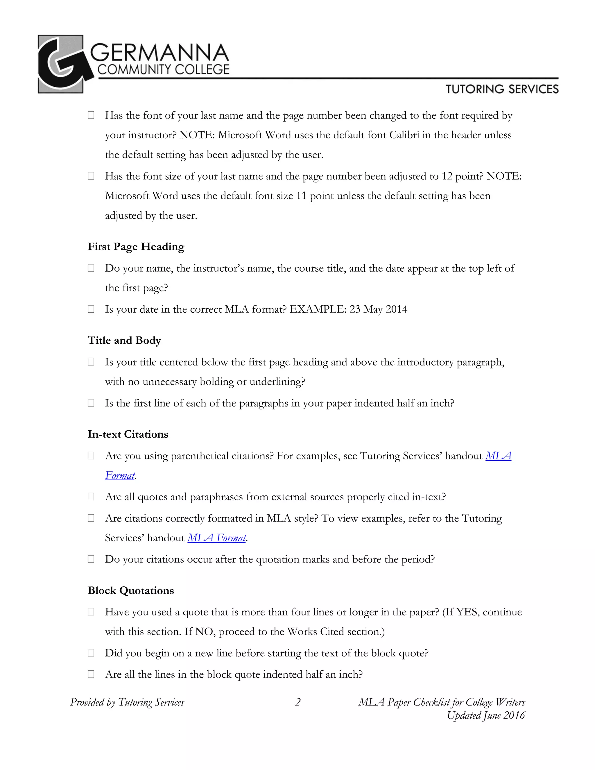 Writer's Checklist for MLA 8 Format - By Germanna Community College | PDF