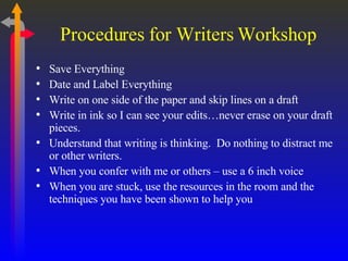 Procedures for Writers Workshop Save Everything Date and Label Everything Write on one side of the paper and skip lines on a draft Write in ink so I can see your edits…never erase on your draft pieces. Understand that writing is thinking.  Do nothing to distract me or other writers. When you confer with me or others – use a 6 inch voice When you are stuck, use the resources in the room and the techniques you have been shown to help you 