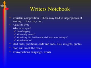 Writers Notebook <ul><li>Constant composition - These may lead to larger pieces of writing … they may not. </li></ul><ul><...