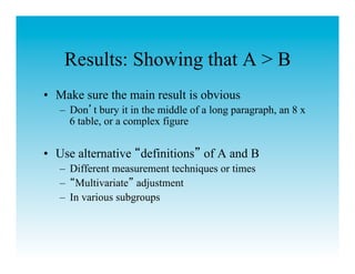 Results: Showing that A > B
•  Make sure the main result is obvious
   –  Don t bury it in the middle of a long paragraph, an 8 x
      6 table, or a complex figure


•  Use alternative definitions of A and B
   –  Different measurement techniques or times
   –  Multivariate adjustment
   –  In various subgroups
 