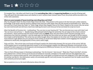 Tier 1
To complete Tier 1, the editor will check to see if the controlling idea, title, and supporting headlines are worthy of being read.
They will ask if the title makes sense, and whether or not it carries a basic interest value. If not, the article will be returned to the
writer with comments.
What are some examples of issues involving controlling ideas and titles?
Why You Shouldn’t Flush Too Much Toilet Paper Down the Toilet –This answer to this query is, for the most part, pretty common
knowledge. If the writer uses the article to address more than just toilet paper, then the title should accommodate it (i.e. “What You
Can and Can’t Flush Down the Toilet” or “Toilet Clogs: Where they Happen, How to Fix Them”). Based on the current title, the writer
has restricted himself and will have a hard time meeting the word count because he has narrowed his scope too much.
What the Benefits of Curtains Are— (subheadings: “You can save on your heating bill,” “You can decorate your room with them” and
“You can have some privacy.” ) -- Besides being oddly phrased (which dings the authority), the use value in this article is almost
non-existent—what questions will this article answer with any depth, what real value does it have? The facts and logic are so
elementary that they are unhelpful—and the reader gets the feeling that this writer just sat down and thought of all the reasons
that drapes could be beneficial. This writer has not really thought about the readers on the other end. If the writer had completed
more research to get deeper into just one facet of this article, he would most likely have created a more engaging title, had more
substance to work with, and approached it from a more useful angle.
Dogs and Cats-- This article title is too broad and doesn’t explain the relationship between the two parts of the article. Will the
article explain how to successfully keep both as pets? Is the article going to explain the differences between training both of the
animals? Or will it expound on the the genetic and developmental differences between the two? We don’t know what the purpose
of the article is from looking at the title.
“How to Find a Mining Lawyer in Kamloops (subheadings: “Use the Internet”, “Ask Around”, “Make Sure They’re Certified”). Articles
that address how a certain service can be found and tested are normally unhelpful to the reader because they degenerate very
quickly into a common sense mad lib-- with information that could apply to multiple services and categories. If you take this angle
(or another one like it)-- the information needs to be extremely specific, and really answer the questions that the reader would have
with authority and actual insight.
See our posts on ideation for more information about this topic.
 