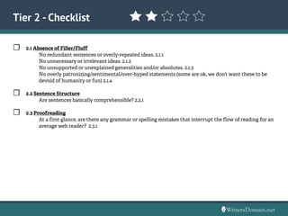 ☐	 2.1 Absence of Filler/Fluff
	 No redundant sentences or overly-repeated ideas. 2.1.1
	 No unnecessary or irrelevant ideas. 2.1.2
	 No unsupported or unexplained generalities and/or absolutes. 2.1.3
	 No overly patronizing/sentimental/over-hyped statements (some are ok, we don’t want these to be 		
		 devoid of humanity or fun) 2.1.4
☐	 2.2 Sentence Structure
	 Are sentences basically comprehensible? 2.2.1
☐	 2.3 Proofreading
		 At a first glance, are there any grammar or spelling mistakes that interrupt the flow of reading for an 	
		 average web reader? 2.3.1
Tier 2 - Checklist
 