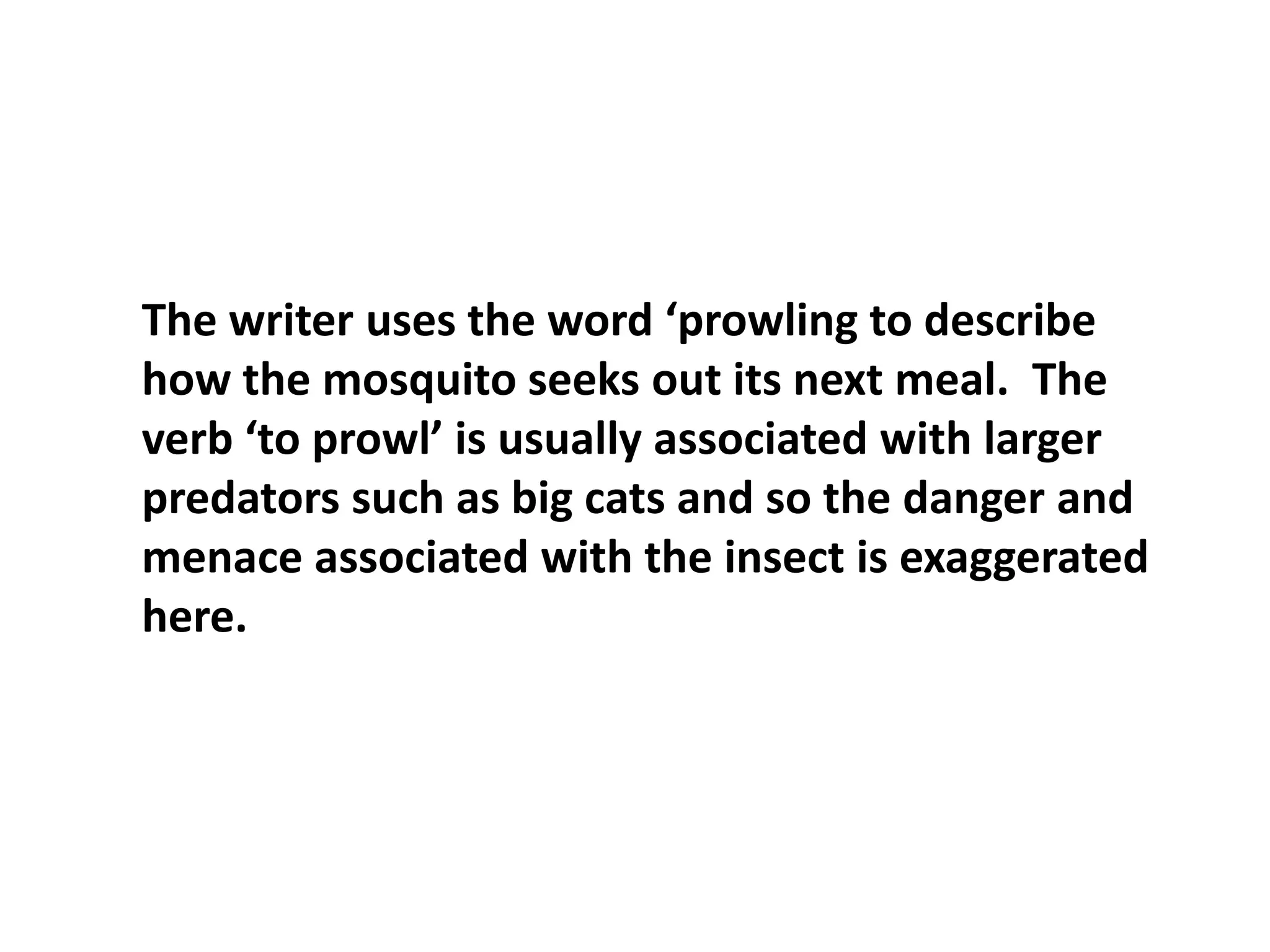 The writer uses the word ‘prowling to describe how the mosquito seeks out its next meal.  The verb ‘to prowl’ is usually associated with larger predators such as big cats and so the danger and menace associated with the insect is exaggerated here. 