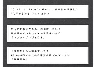 う わさ   が     う わ さ   を 呼 ん で .. . 商 店 街 が活 性 化 ？ ！
 八 戸の う わさ      プ ロ ジ ェ ク ト




だ っ て 女 の 子だ も ん 、 お 化 粧 し た い ！

家 で 眠 っ て いる コ ス メ で 世 界 を つ な ぐ

「 コ フ レ ・ プロ ジ ェ ク ト 」




「 残 念 な く らい 簡 単 で し た ！ 」

4 2, 8 0 0 円 では じ め る 電 気 自 給 プ ロ ジェ ク ト

「 藤 野 電 力 」
 