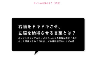 タイトルを決めよう（10分）




右脳をドキドキさせ、
左脳を納得させる言葉とは？
ポイントをシンプルに / 心にひっかかる意外な感じ / あり
ありと想像できる / 口に出しても違和感がないリズム感
 