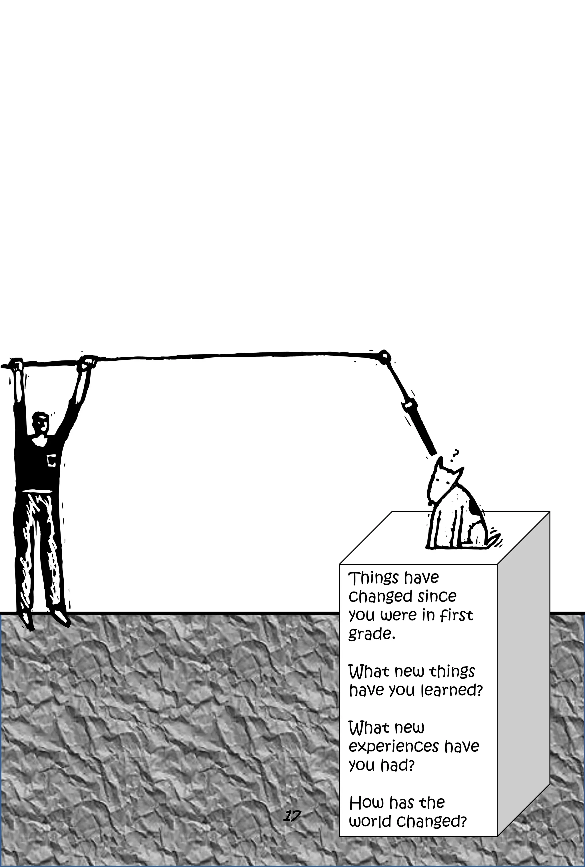 Things have
changed since
you were in first
grade.
What new things
have you learned?
What new
experiences have
you had?
How has the
world changed?17
 