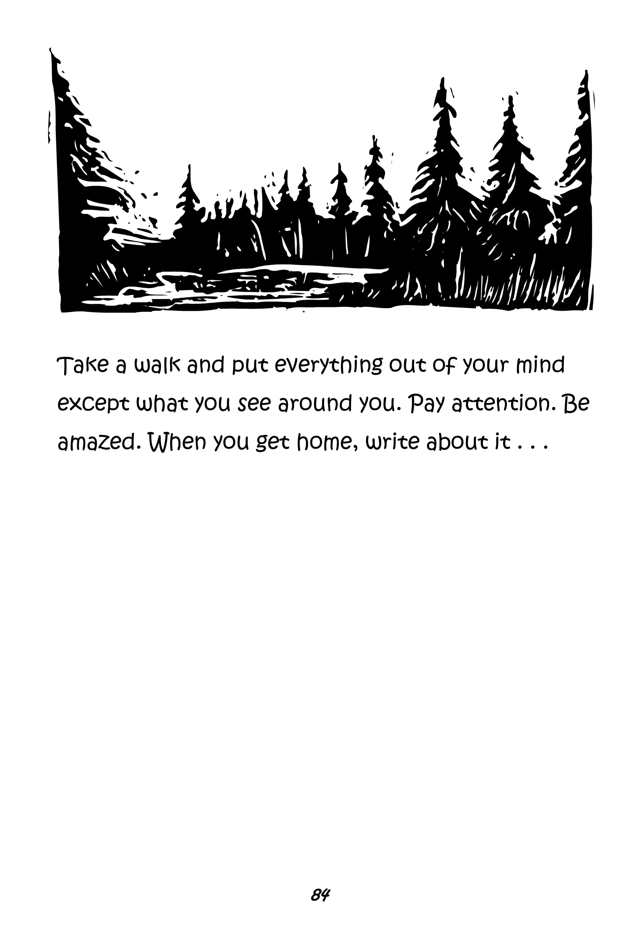 84
Take a walk and put everything out of your mind
except what you see around you. Pay attention. Be
amazed. When you get home, write about it . . .
 