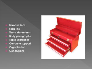  Introductions
 Lead-ins
 Thesis statements
 Body paragraphs
 Topic sentences
 Concrete support
 Organization
 Conclusions
 