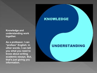 Knowledge and
understanding work
together.
As a professor, I can
“profess” English; in
other words, I can tell
you what you need to
know about writing
academic essays. But,
that’s just giving you
information.
 