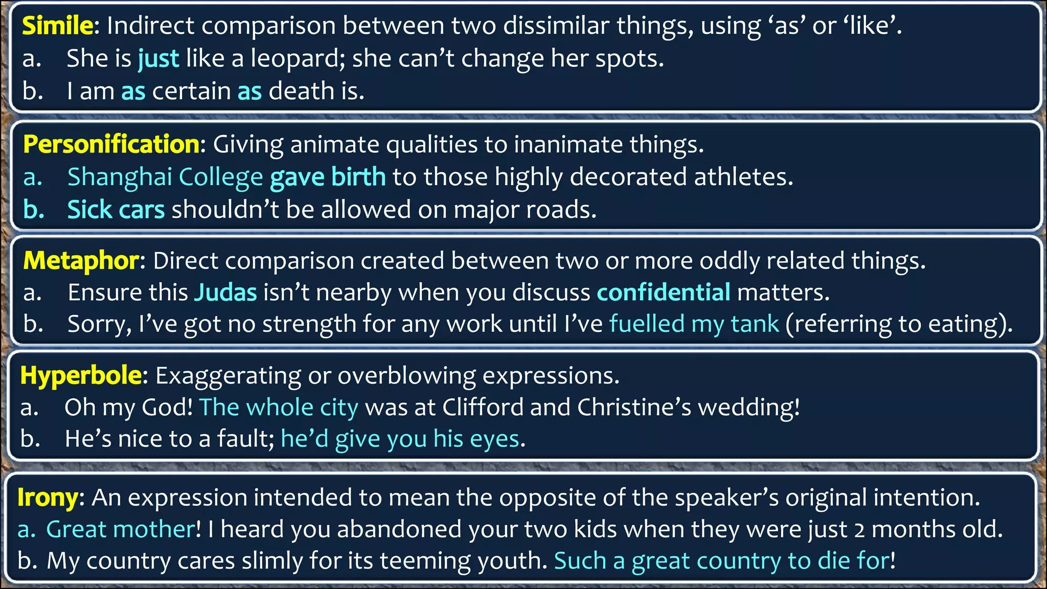: Indirect comparison between two dissimilar things, using ‘as’ or ‘like’.
a. She is like a leopard; she can’t change her spots.
b. I am certain death is.
: Giving animate qualities to inanimate things.
a. Shanghai College to those highly decorated athletes.
shouldn’t be allowed on major roads.
: Direct comparison created between two or more oddly related things.
a. Ensure this isn’t nearby when you discuss confidential matters.
b. Sorry, I’ve got no strength for any work until I’ve fuelled my tank (referring to eating).
: Exaggerating or overblowing expressions.
a. Oh my God! The whole city was at Clifford and Christine’s wedding!
b. He’s nice to a fault; he’d give you his eyes.
: An expression intended to mean the opposite of the speaker’s original intention.
a. Great mother! I heard you abandoned your two kids when they were just 2 months old.
b. My country cares slimly for its teeming youth. Such a great country to die for!
 