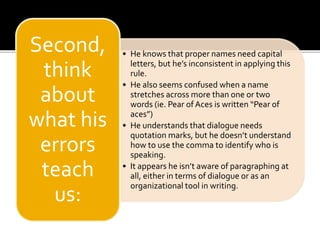 • He knows that proper names need capital 
letters, but he’s inconsistent in applying this 
rule. 
• He also seems confused when a name 
stretches across more than one or two 
words (ie. Pear of Aces is written “Pear of 
aces”) 
• He understands that dialogue needs 
quotation marks, but he doesn’t understand 
how to use the comma to identify who is 
speaking. 
• It appears he isn’t aware of paragraphing at 
all, either in terms of dialogue or as an 
organizational tool in writing. 
Second, 
think 
about 
what his 
errors 
teach 
us: 
 