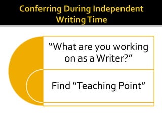“What are you working 
on as a Writer?” 
Find “Teaching Point” 
 