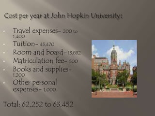 • Travel expenses- 200 to
1,400
• Tuition- 45,470
• Room and board- 13,882
• Matriculation fee- 500
• Books and supplies-
1,200
• Other personal
expenses- 1,000
Total: 62,252 to 63,452
 