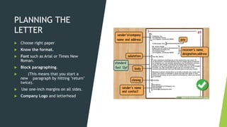 PLANNING THE
LETTER
 Choose right paper
 Know the format.
 Font such as Arial or Times New
Roman.
 Block paragraphing.
 (This means that you start a
new paragraph by hitting "return"
twice).
 Use one-inch margins on all sides.
 Company Logo and letterhead
 
