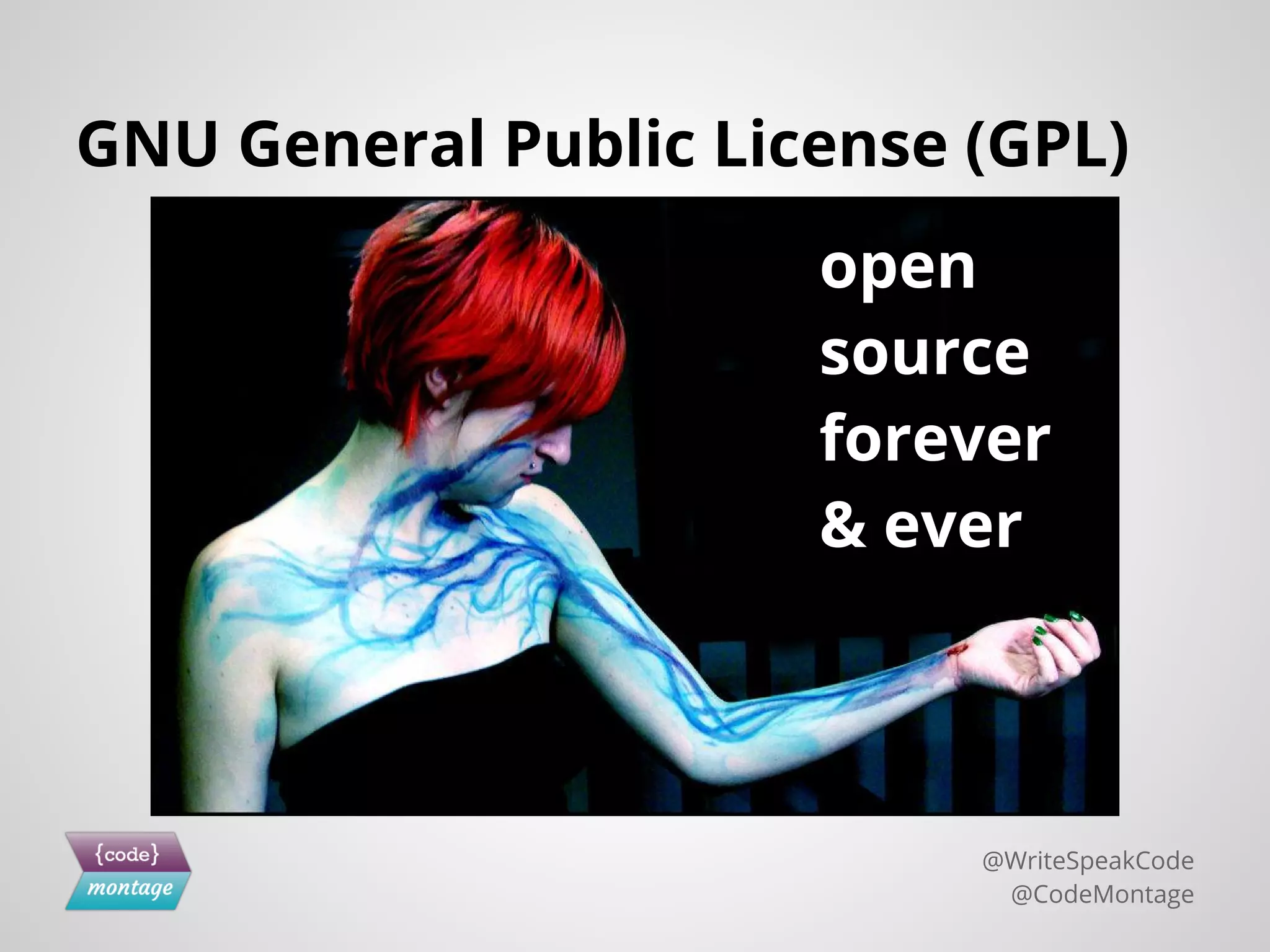 GNU General Public License (GPL)
@WriteSpeakCode
@CodeMontage
open
source
forever
& ever