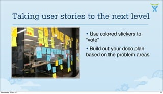 • Use colored stickers to
“vote”
• Build out your doco plan
based on the problem areas
Taking user stories to the next level
20Wednesday, 2 April 14
 