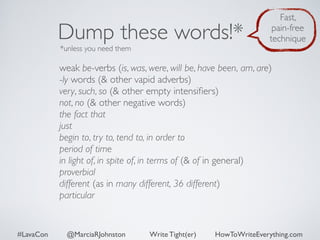 Dump these words!* 
*unless you need them 
Fast, 
pain-free 
technique 
weak be-verbs (is, was, were, will be, have been, am, are) 
-ly words (& other vapid adverbs) 
very, such, so (& other empty intensifiers) 
not, no (& other negative words) 
the fact that 
just 
begin to, try to, tend to, in order to 
period of time 
in light of, in spite of, in terms of (& of in general) 
proverbial 
different (as in many different, 36 different) 
particular 
#LavaCon @MarciaRJohnston Write Tight(er) HowToWriteEverything.com 
 