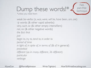 Dump these words!* 
*unless you need them 
Fast, 
pain-free 
technique 
weak be-verbs (is, was, were, will be, have been, am, are) 
-ly words (& other vapid adverbs) 
very, such, so (& other empty intensifiers) 
not, no (& other negative words) 
the fact that 
just 
begin to, try to, tend to, in order to 
period of time 
in light of, in spite of, in terms of (& of in general) 
proverbial 
different (as in many different, 36 different) 
particular 
verbiage 
#LavaCon @MarciaRJohnston Write Tight(er) HowToWriteEverything.com 
 