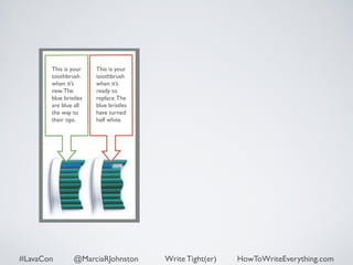 This is your 
toothbrush 
when it’s 
new. The 
blue bristles 
are blue all 
the way to 
their tips. 
This is your 
toothbrush 
when it’s 
ready to 
replace. The 
blue bristles 
have turned 
half white. 
#LavaCon @MarciaRJohnston Write Tight(er) HowToWriteEverything.com 
 