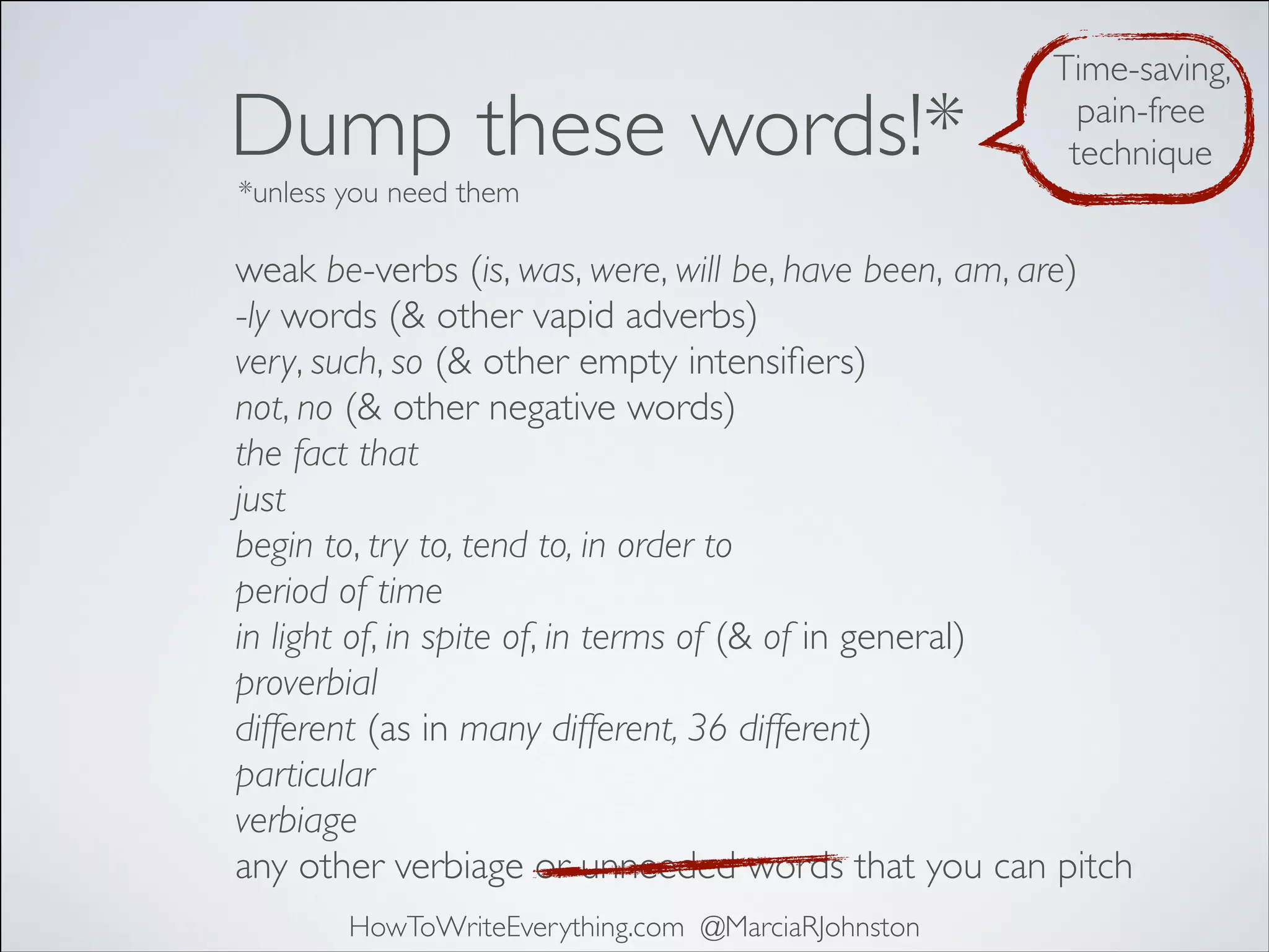 Dump these words!*

Time-saving,
pain-free
technique

*unless you need them

weak be-verbs (is, was, were, will be, have been, am, are)
-ly words (& other vapid adverbs)
very, such, so (& other empty intensiﬁers)
not, no (& other negative words)
the fact that
just
begin to, try to, tend to, in order to
period of time
in light of, in spite of, in terms of (& of in general)
proverbial
different (as in many different, 36 different)
particular
verbiage
any other verbiage or unneeded words that you can pitch
HowToWriteEverything.com @MarciaRJohnston

 