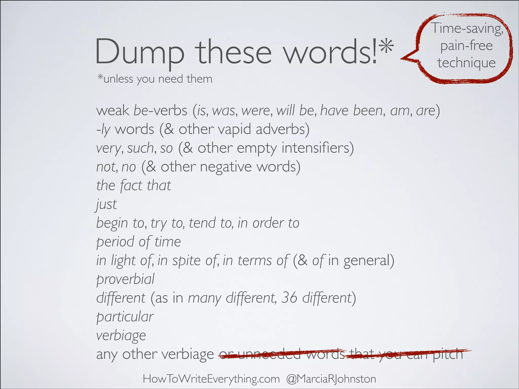 Dump these words!*

Time-saving,
pain-free
technique

*unless you need them

weak be-verbs (is, was, were, will be, have been, am, are)
-ly words (& other vapid adverbs)
very, such, so (& other empty intensiﬁers)
not, no (& other negative words)
the fact that
just
begin to, try to, tend to, in order to
period of time
in light of, in spite of, in terms of (& of in general)
proverbial
different (as in many different, 36 different)
particular
verbiage
any other verbiage or unneeded words that you can pitch
HowToWriteEverything.com @MarciaRJohnston

 