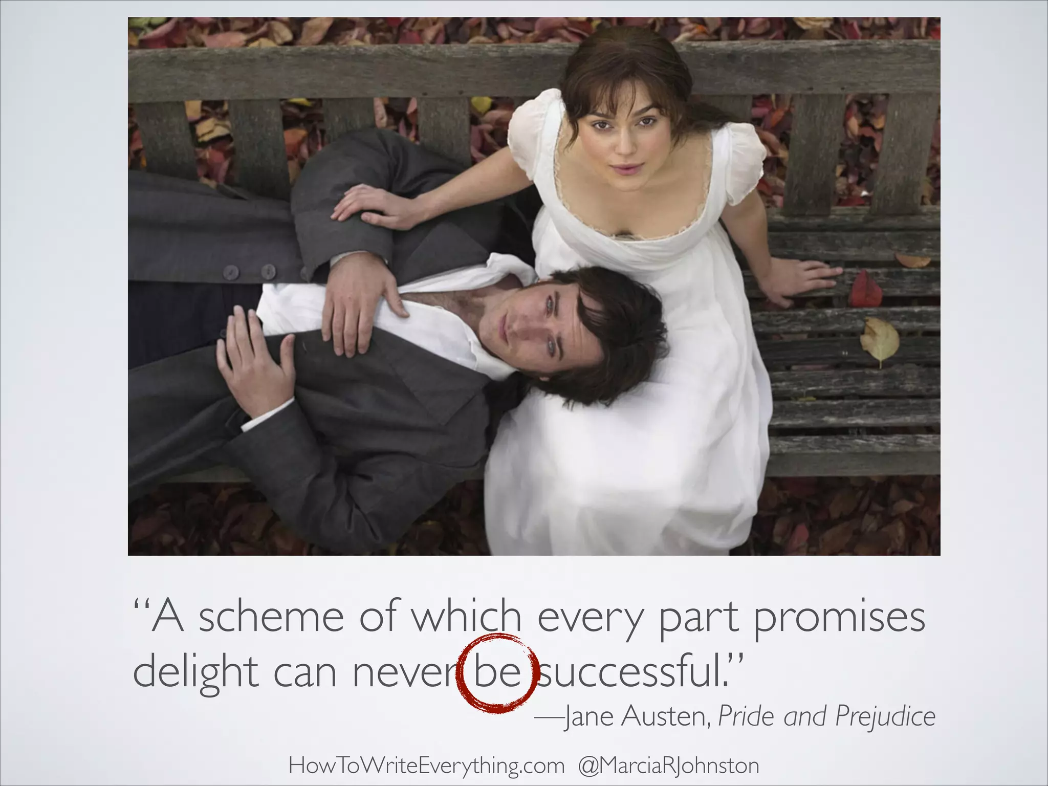 “A scheme of which every part promises
delight can never be successful.”

—Jane Austen, Pride and Prejudice

HowToWriteEverything.com @MarciaRJohnston

 