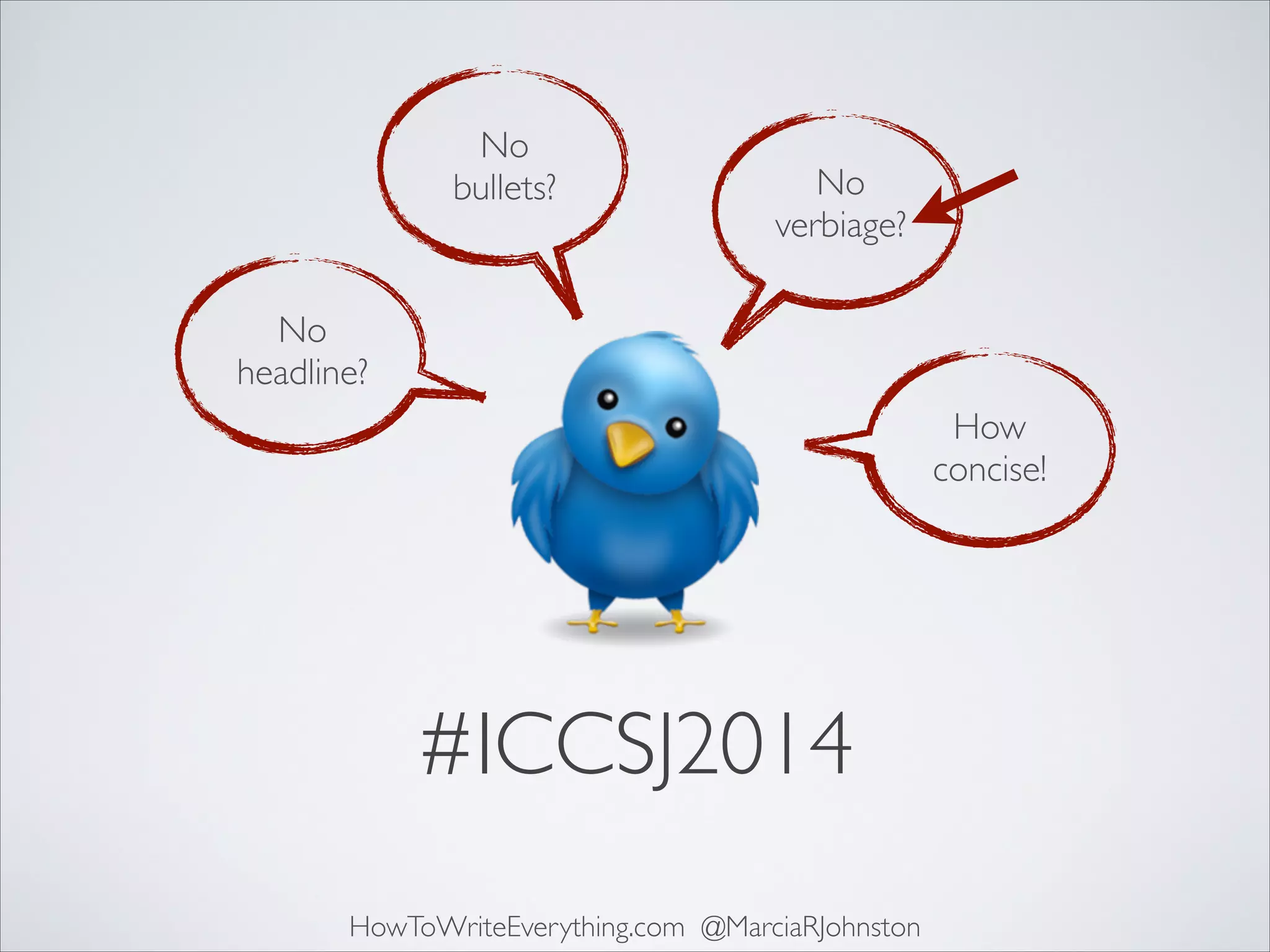 No	

bullets?

No	

verbiage?

No 	

headline?
How	

concise!

#ICCSJ2014
HowToWriteEverything.com @MarciaRJohnston

 