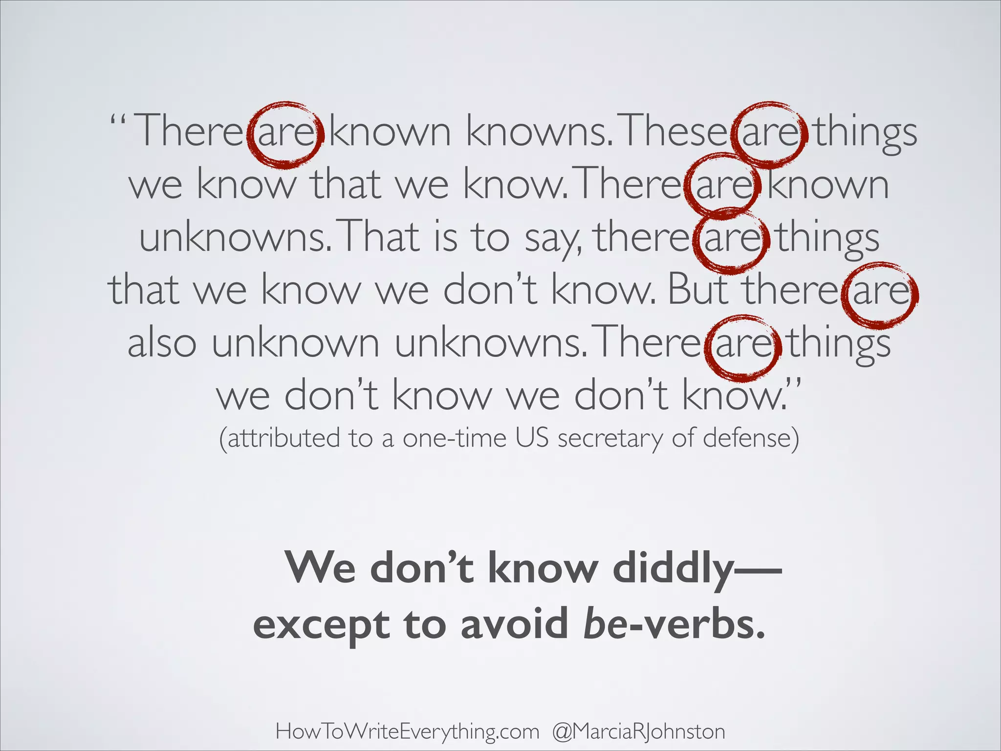 “ There are known knowns. These are things
we know that we know. There are known
unknowns. That is to say, there are things
that we know we don’t know. But there are
also unknown unknowns. There are things
we don’t know we don’t know.”	

(attributed to a one-time US secretary of defense)

We don’t know diddly—
except to avoid be-verbs.
HowToWriteEverything.com @MarciaRJohnston

 