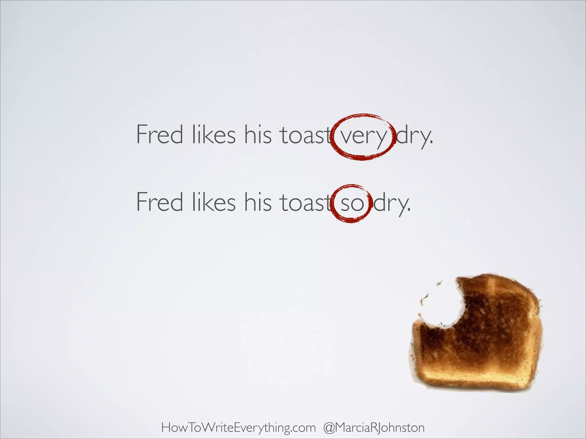 Fred likes his toast very dry.
Fred likes his toast so dry.

HowToWriteEverything.com @MarciaRJohnston

 