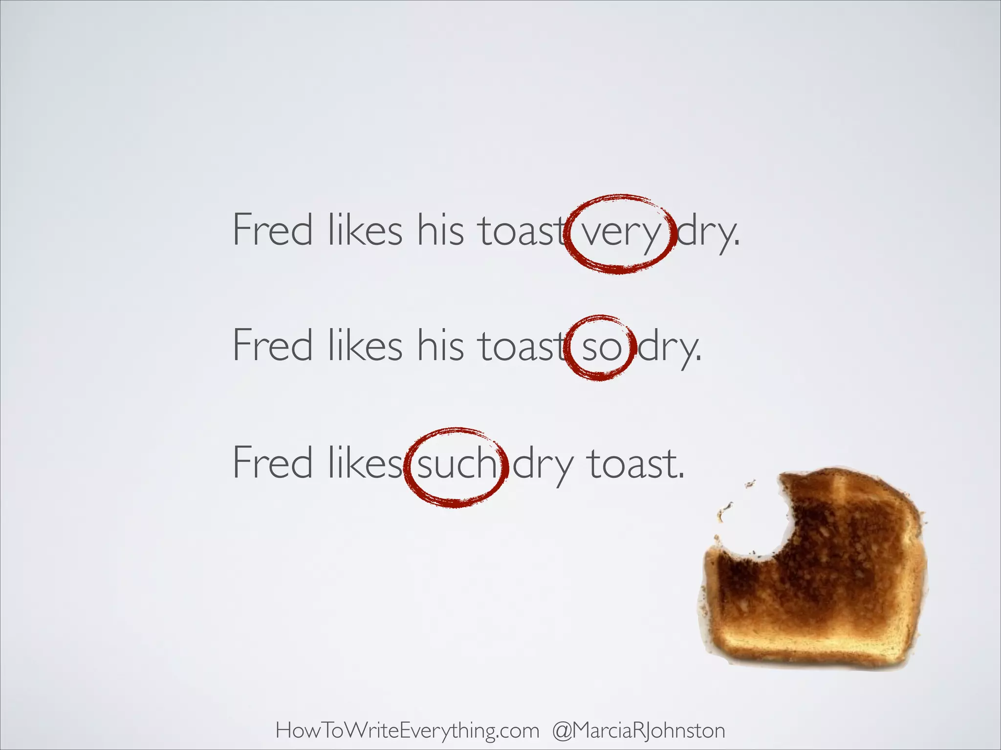 Fred likes his toast very dry.
Fred likes his toast so dry.
Fred likes such dry toast.

HowToWriteEverything.com @MarciaRJohnston

 