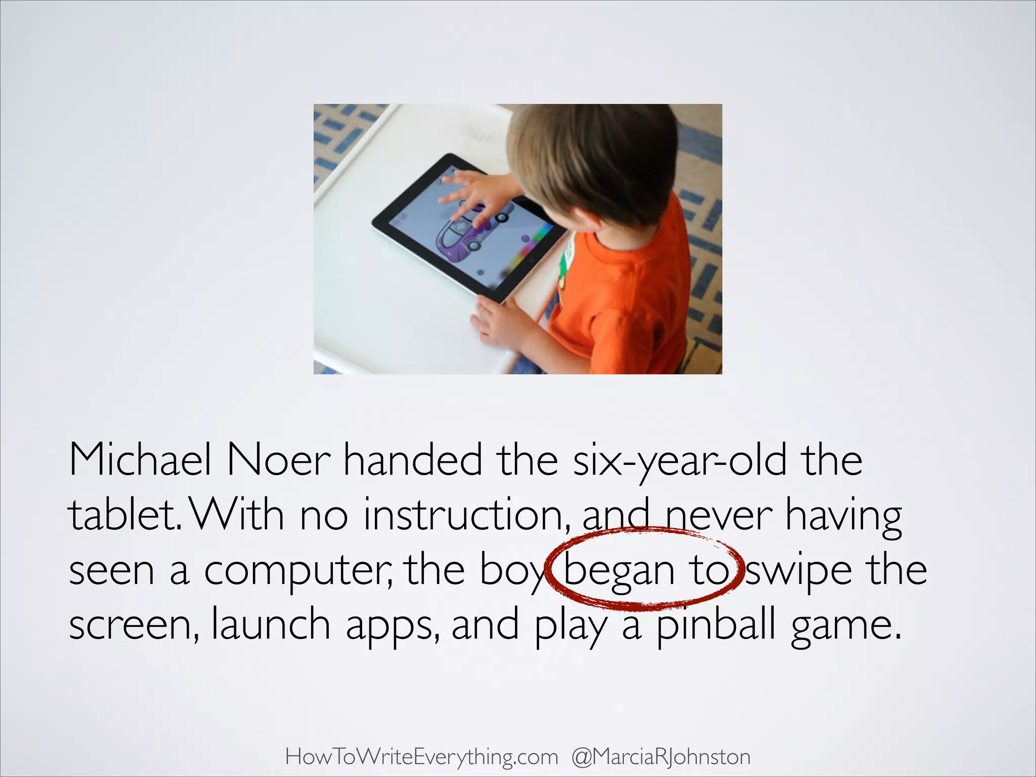Michael Noer handed the six-year-old the
tablet. With no instruction, and never having
seen a computer, the boy began to swipe the
screen, launch apps, and play a pinball game.
HowToWriteEverything.com @MarciaRJohnston

 