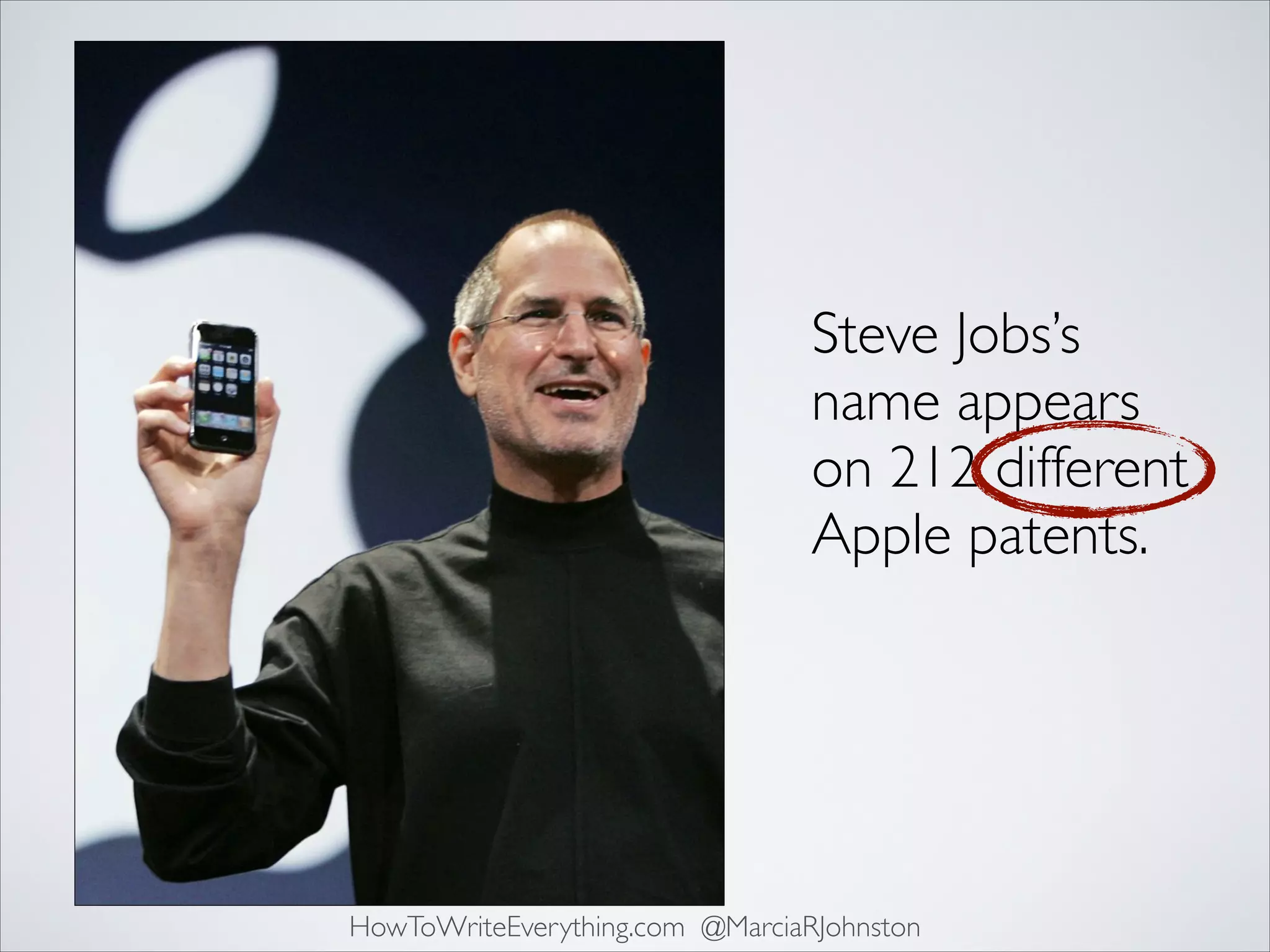 Steve Jobs’s
name appears
on 212 different
Apple patents.

HowToWriteEverything.com @MarciaRJohnston

 