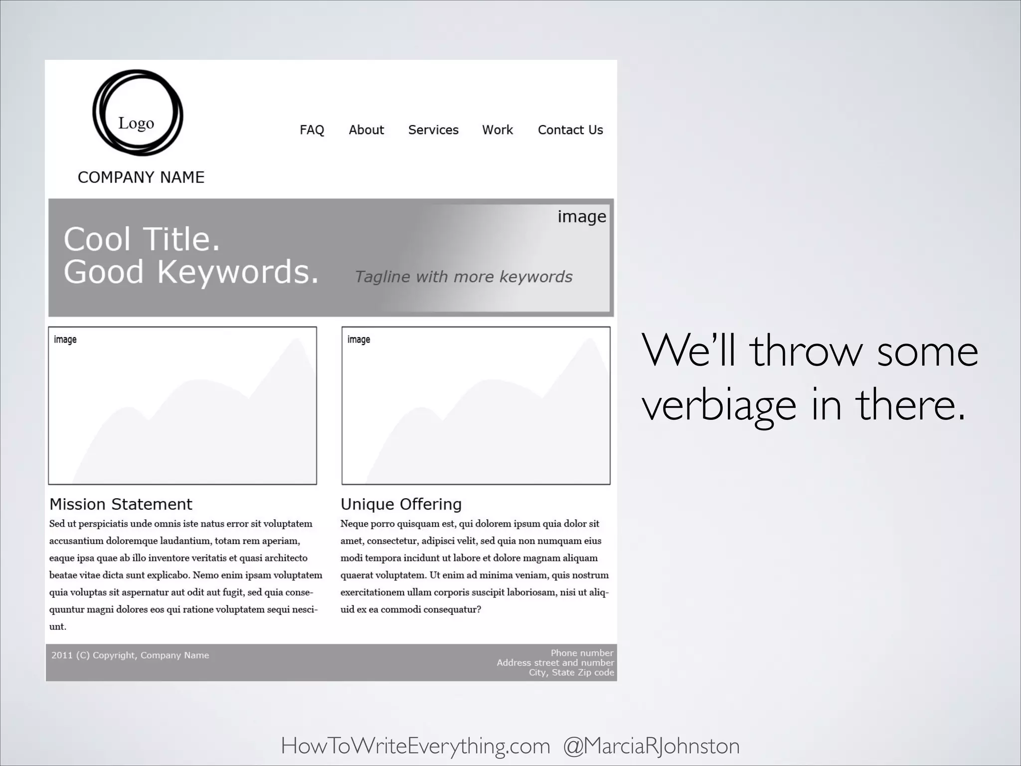 We’ll throw some
verbiage in there.

HowToWriteEverything.com @MarciaRJohnston

 