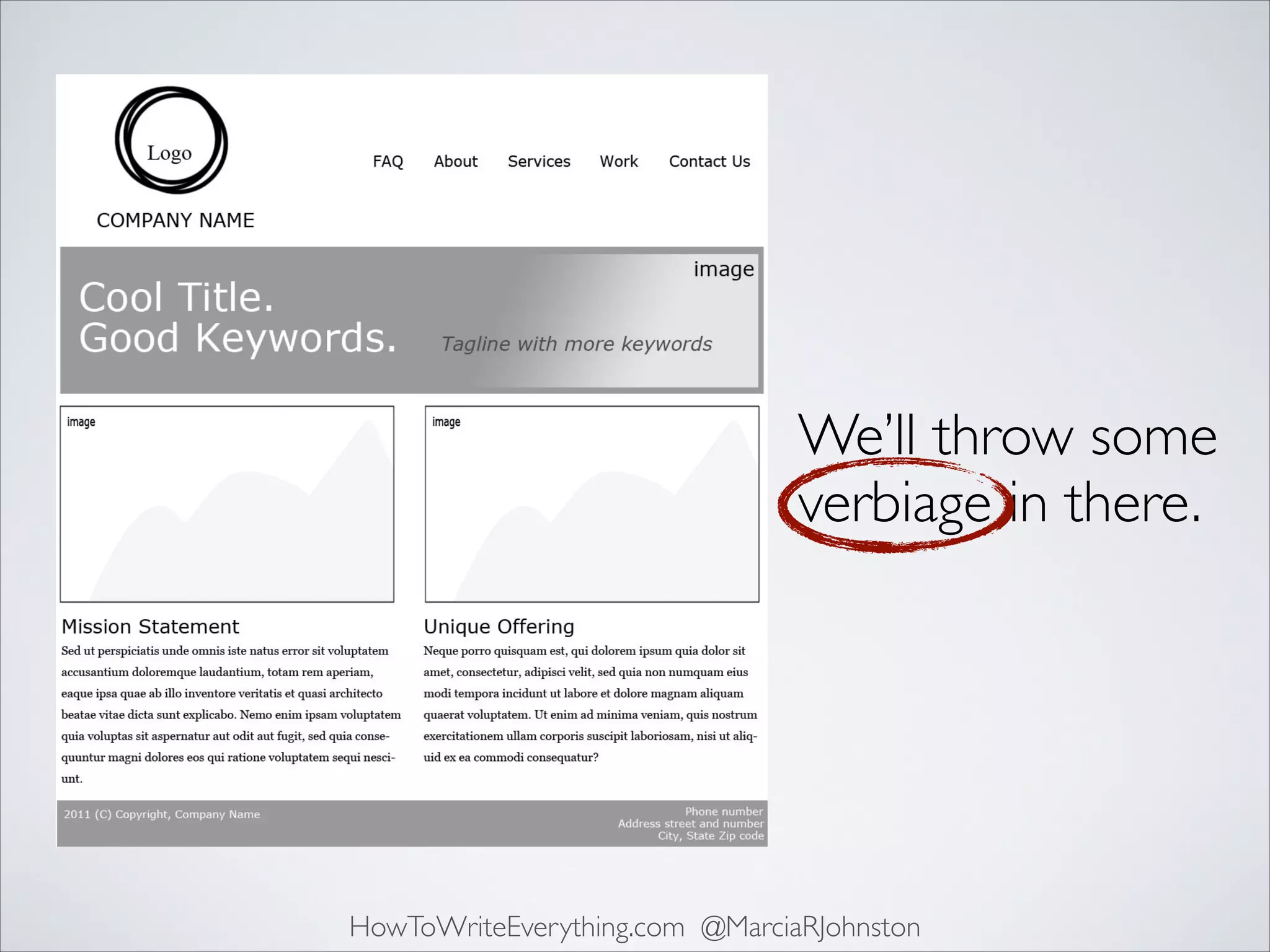 We’ll throw some
verbiage in there.

HowToWriteEverything.com @MarciaRJohnston

 