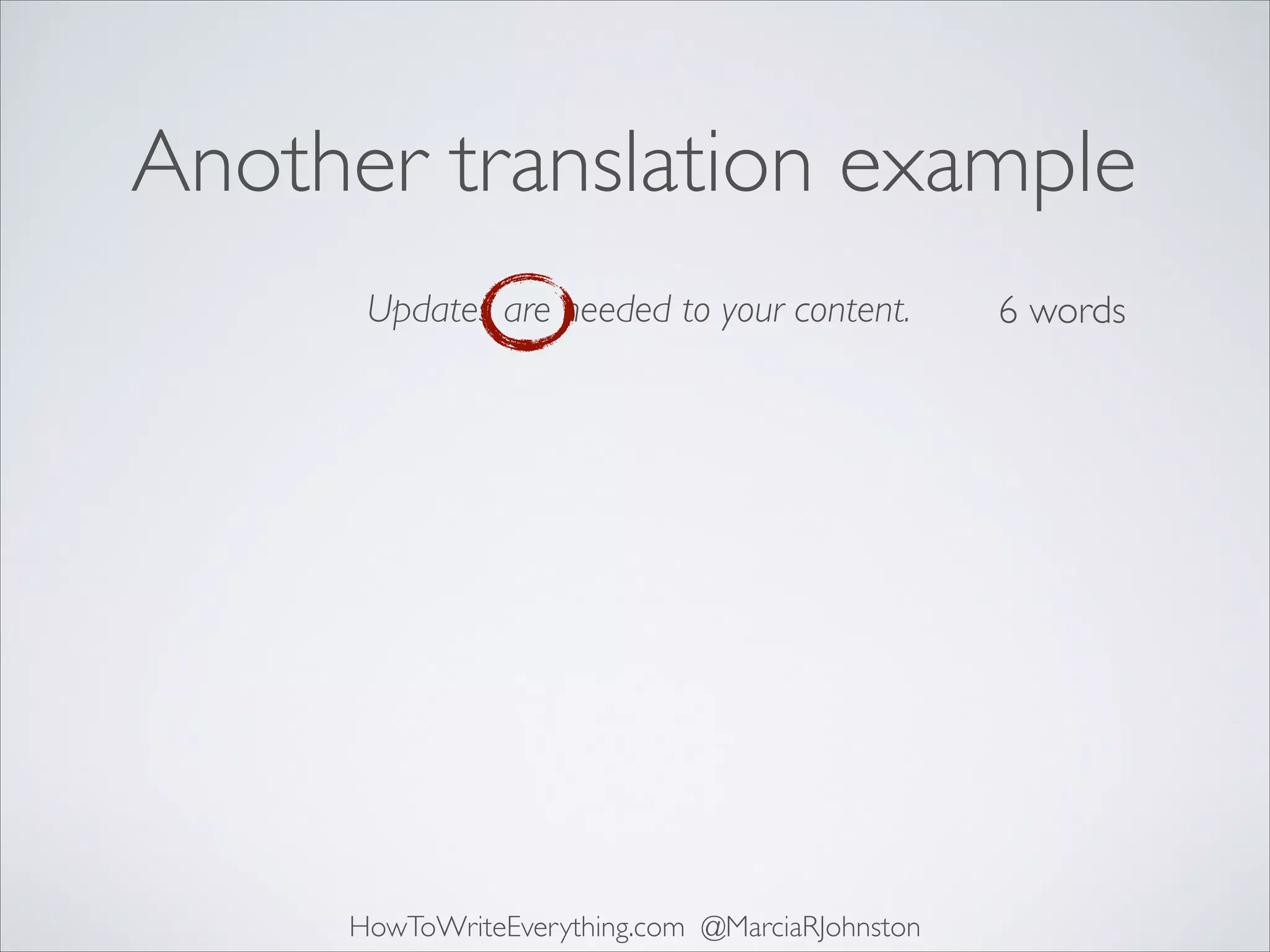 Another translation example
Updates are needed to your content.

HowToWriteEverything.com @MarciaRJohnston

6 words

 