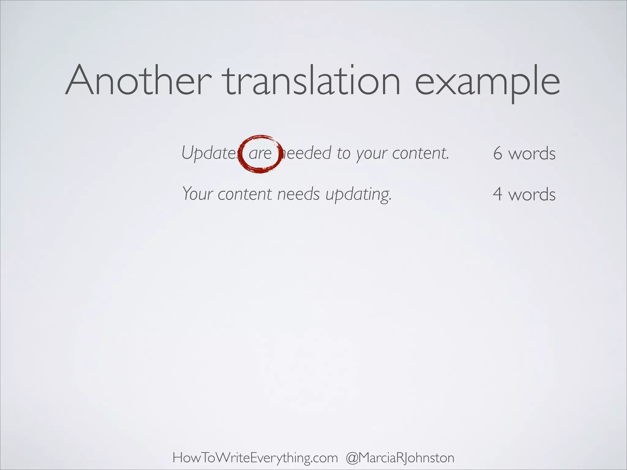 Another translation example
Updates are needed to your content.

6 words

Your content needs updating.

4 words

HowToWriteEverything.com @MarciaRJohnston

 
