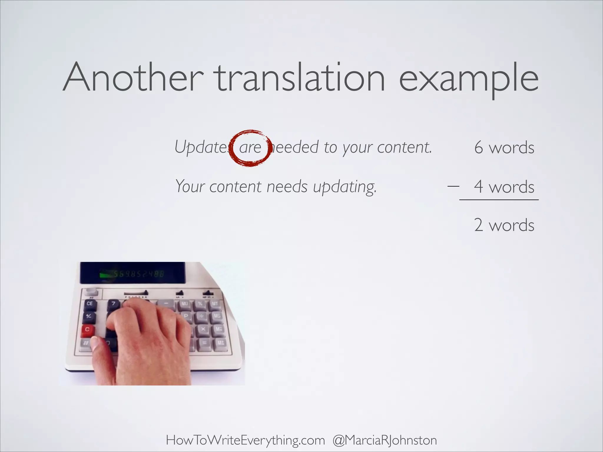 Another translation example
Updates are needed to your content.

6 words

Your content needs updating.

4 words
2 words

HowToWriteEverything.com @MarciaRJohnston

 