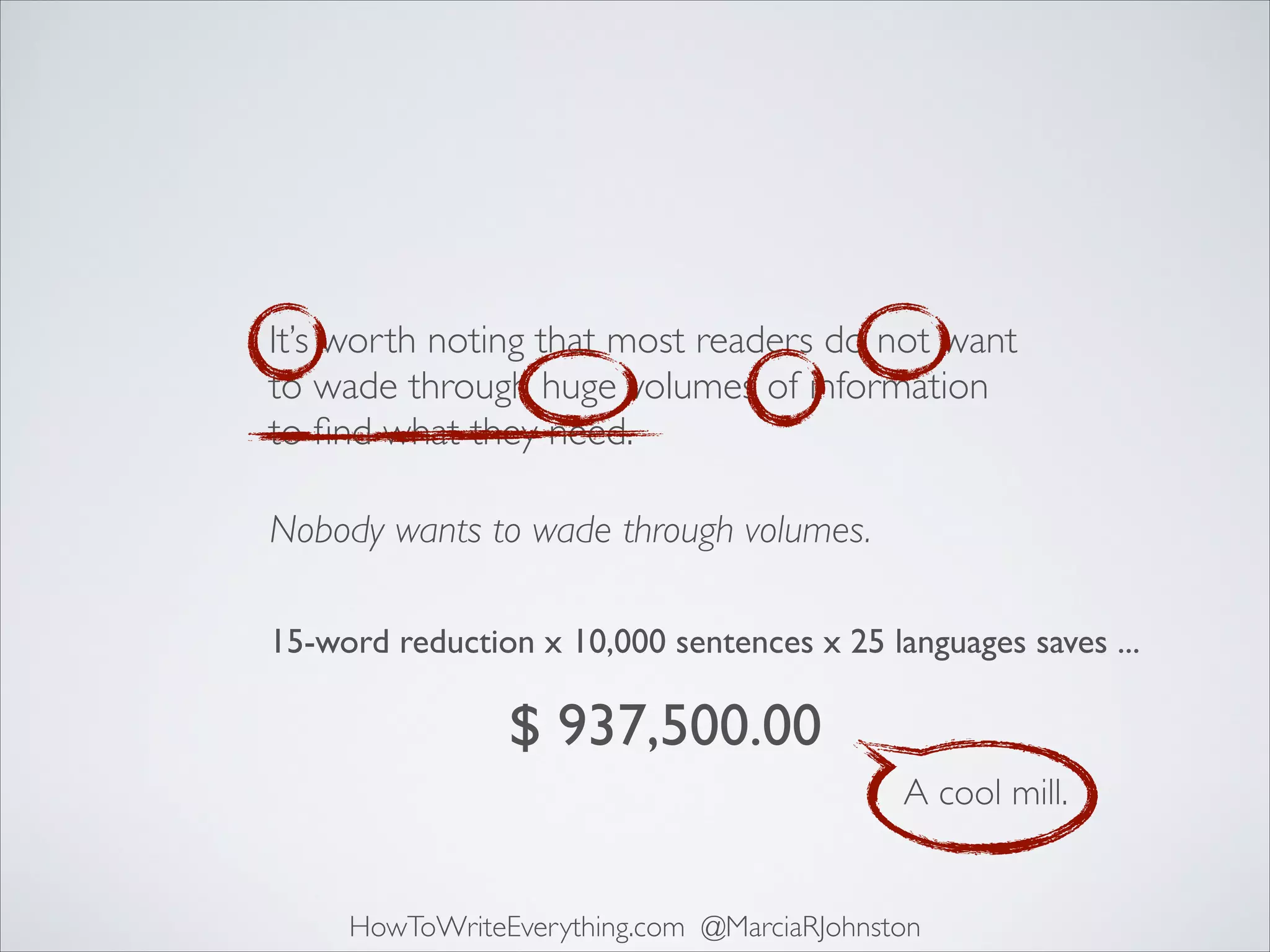 It’s worth noting that most readers do not want
to wade through huge volumes of information
to ﬁnd what they need.
Nobody wants to wade through volumes.
15-word reduction x 10,000 sentences x 25 languages saves ...

$ 937,500.00
A cool mill.

HowToWriteEverything.com @MarciaRJohnston

 