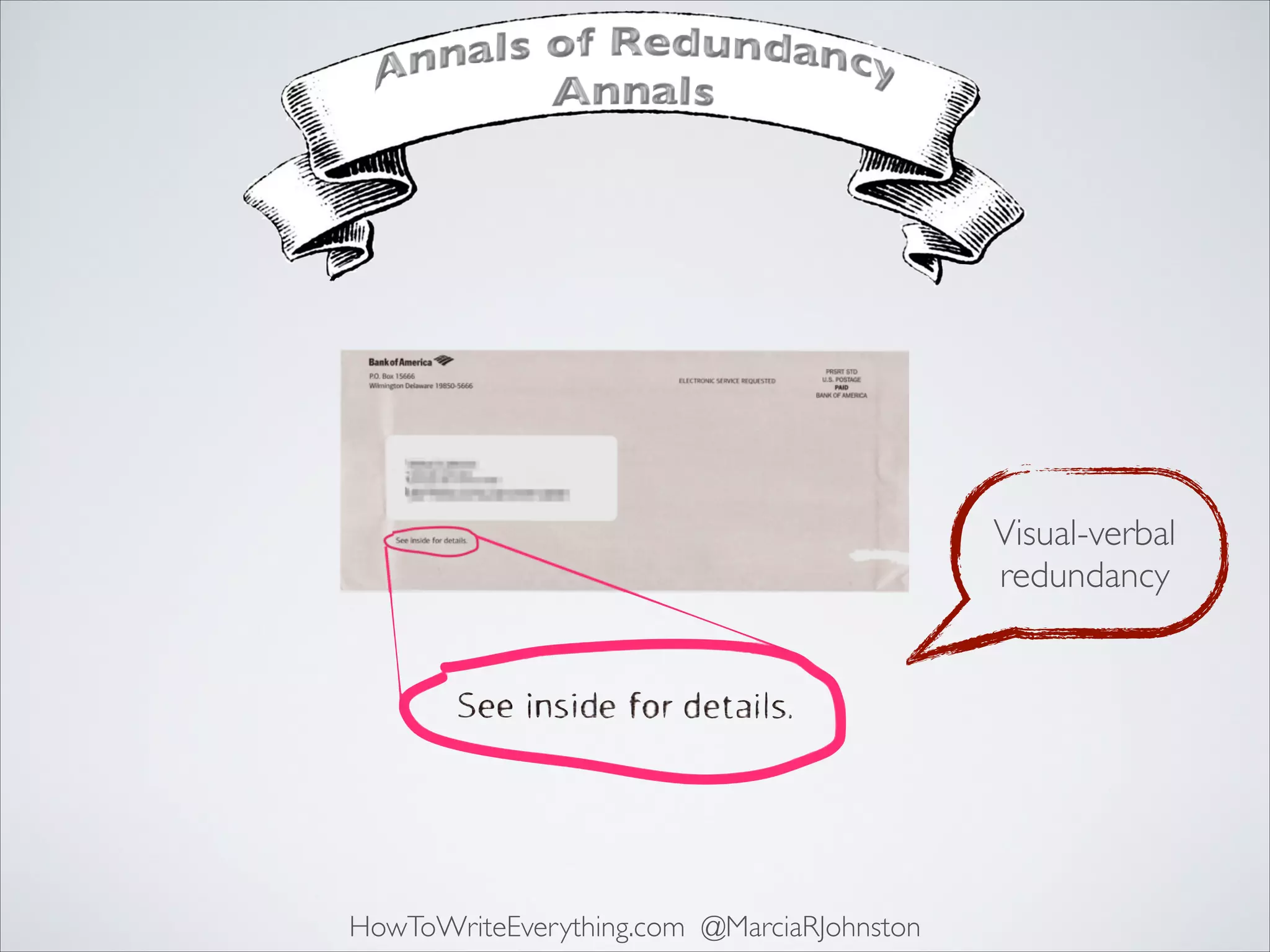 Visual-verbal
redundancy

HowToWriteEverything.com @MarciaRJohnston

 
