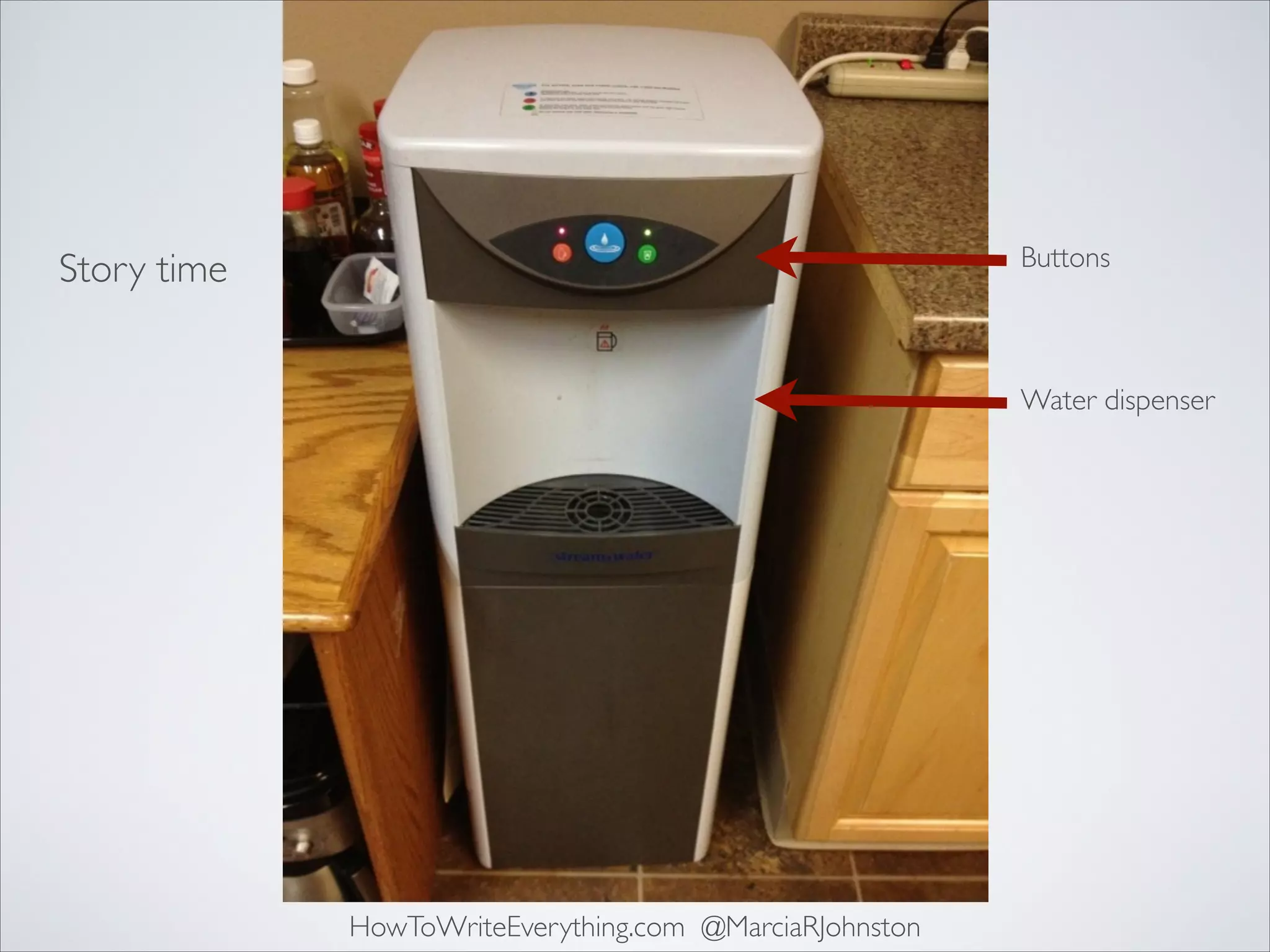 Buttons

Story time

Water dispenser

HowToWriteEverything.com @MarciaRJohnston

 