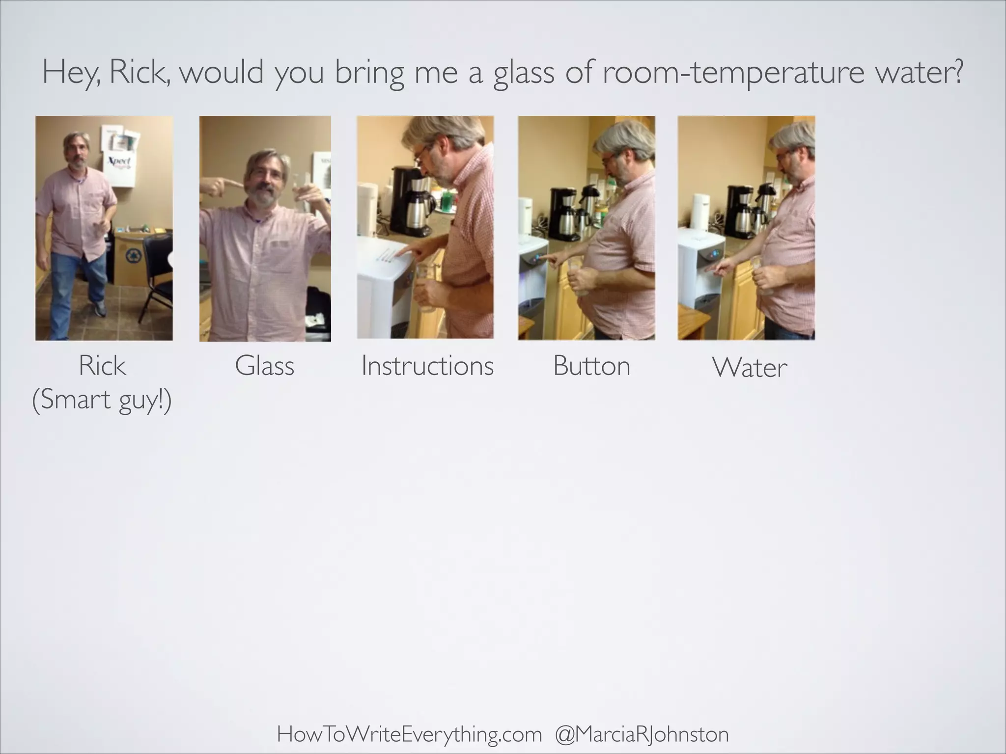 Hey, Rick, would you bring me a glass of room-temperature water?

Rick	

(Smart guy!)

Glass

Instructions

Button

Water

HowToWriteEverything.com @MarciaRJohnston

 