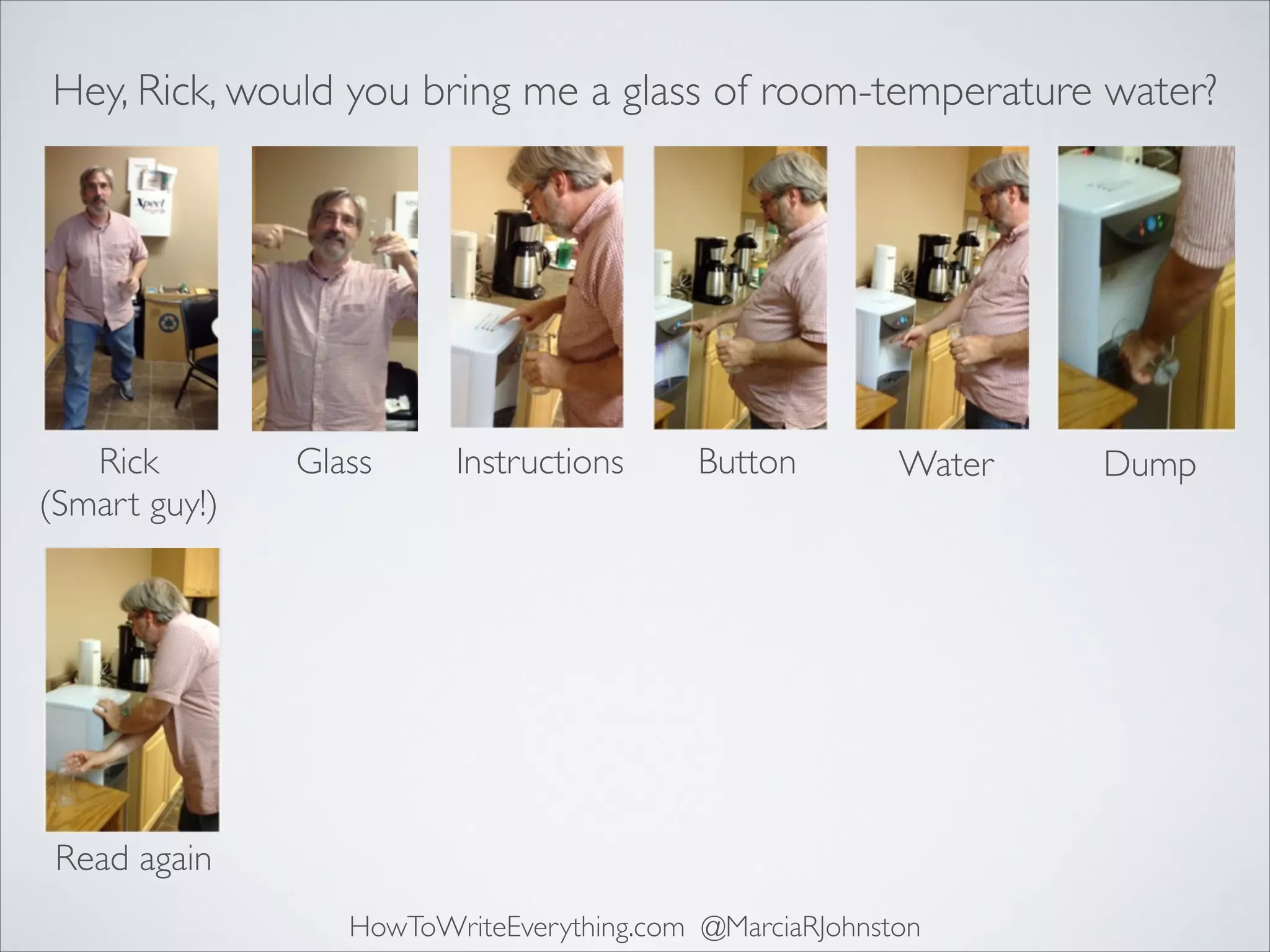 Hey, Rick, would you bring me a glass of room-temperature water?

Rick	

(Smart guy!)

Glass

Instructions

Button

Water

Read again
HowToWriteEverything.com @MarciaRJohnston

Dump

 